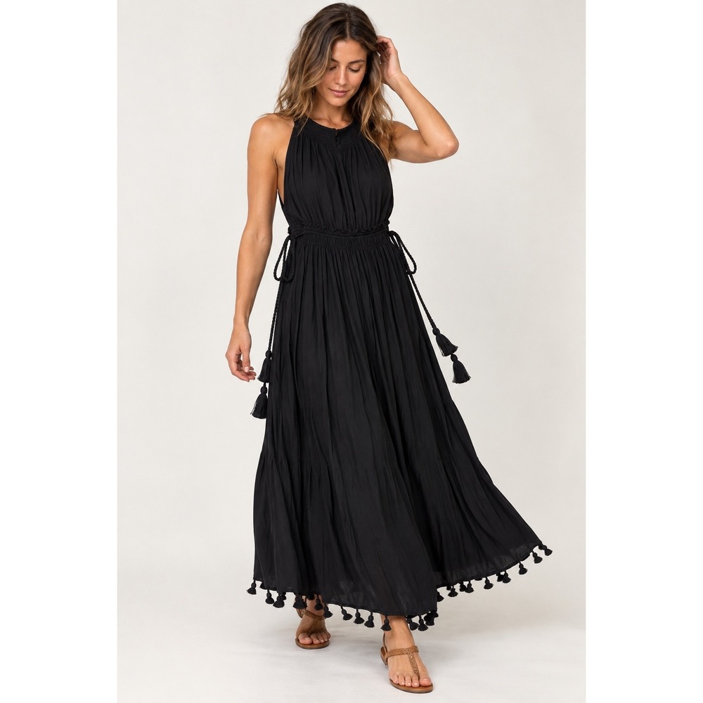 Club Monaco Black Halter Tassel Maxi Dress Tiered Smocked Waist Size 4